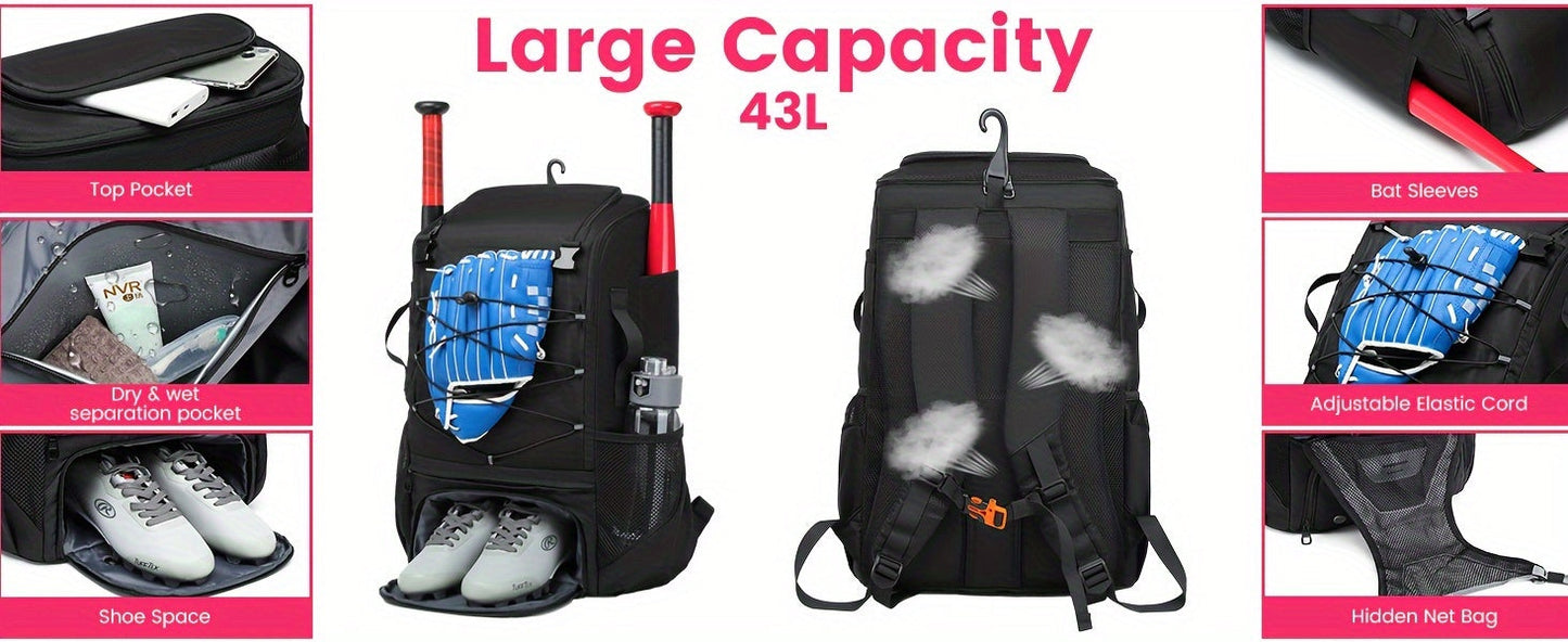 Large Capacity Baseball Backpack Softball Bag, External Helmet Holder And Fence Hook Baseball Backpack, With Shoes Compartment, - Holds Bats, Helmets, Gloves, Hats, Clothes, And Shoes For Baseball And Softball Players WardBoyzPROShop