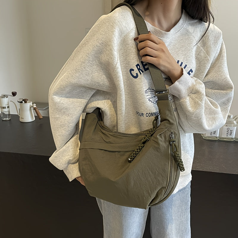 [Large Capacity Crossbody Dumpling Bag] 1pc Elegant Women's Crossbody Dumpling Bag - Versatile Casual Shoulder Backpack, Large Capacity, Lightweight, Solid Color (Army Green/Ginger Yellow/Gray/), Nylon Material with Tassel De WardBoyzPROShop