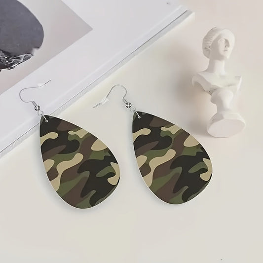 Pair of Vintage Boho Camouflage Pattern PU Leather Teardrop Earrings, Lightweight Alloy Fishhook Dangle, Olive-Shaped Design for Casual or Gift Occasions, Army Green Beige Black Camo Print, Nickel-Free Material, Perfect for C WardBoyzPROShop