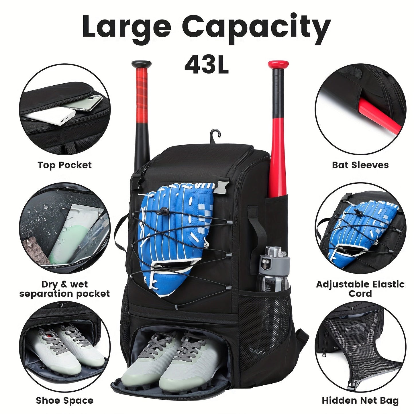 Large Capacity Baseball Backpack Softball Bag, External Helmet Holder And Fence Hook Baseball Backpack, With Shoes Compartment, - Holds Bats, Helmets, Gloves, Hats, Clothes, And Shoes For Baseball And Softball Players WardBoyzPROShop