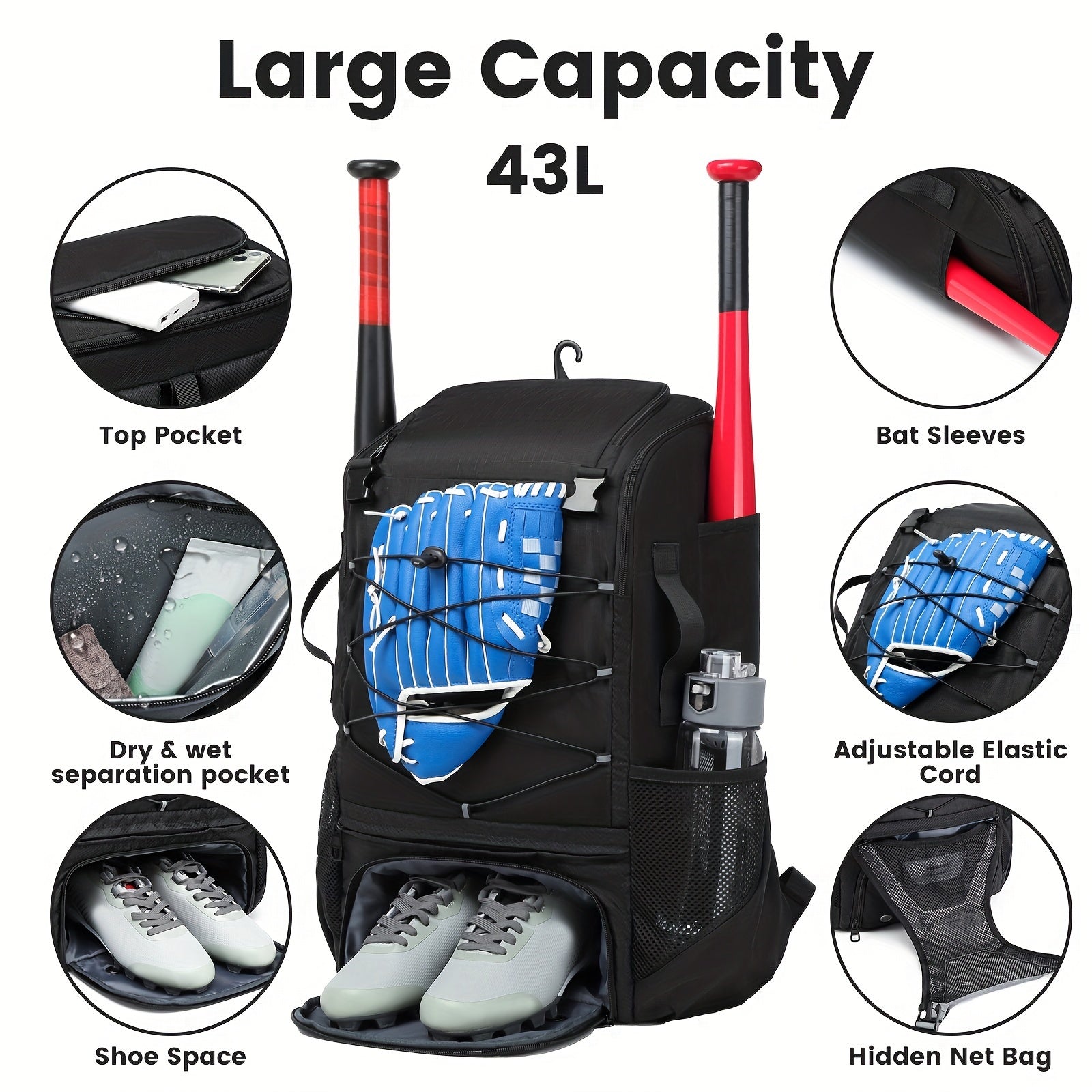 Large Capacity Baseball Backpack Softball Bag, External Helmet Holder And Fence Hook Baseball Backpack, With Shoes Compartment, - Holds Bats, Helmets, Gloves, Hats, Clothes, And Shoes For Baseball And Softball Players WardBoyzPROShop