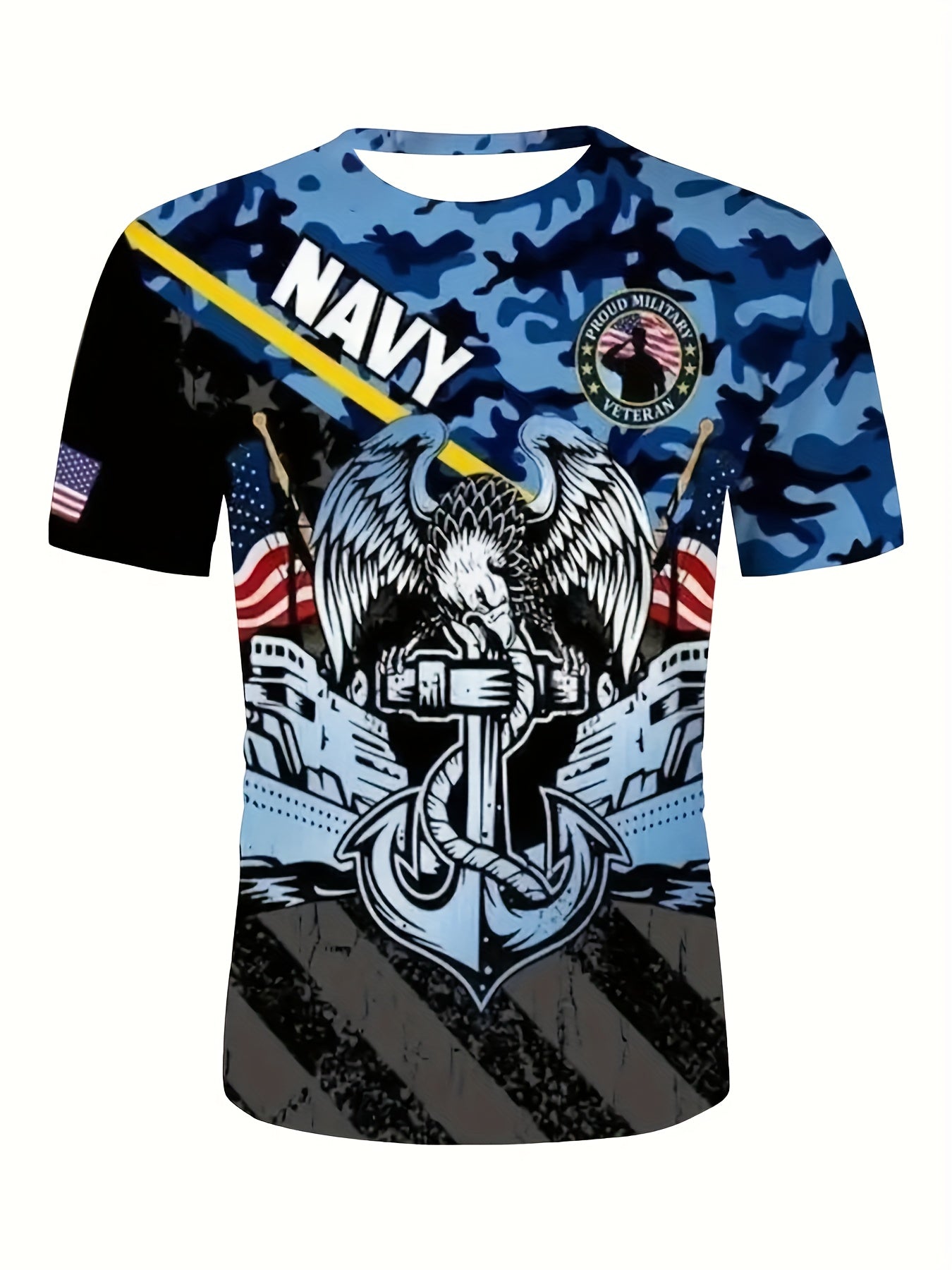 Men's Casual Camouflage T-Shirt - Patriotic Navy Eagle Graphic Tee, Short Sleeve, Crew Neck, Military Inspired Streetwear - Blue Camo Print - For Men - Suitable for Casual Wear - Perfect Gift for Fathers Day WardBoyzPROShop