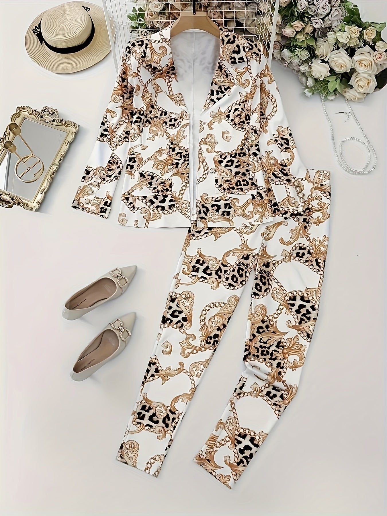 Chain Printed Leopard Print Casual Two-piece Set, Double Breasted Lapel Long Sleeved Suit Jacket And High Waisted Casual Pants, New Autumn Women's Clothing