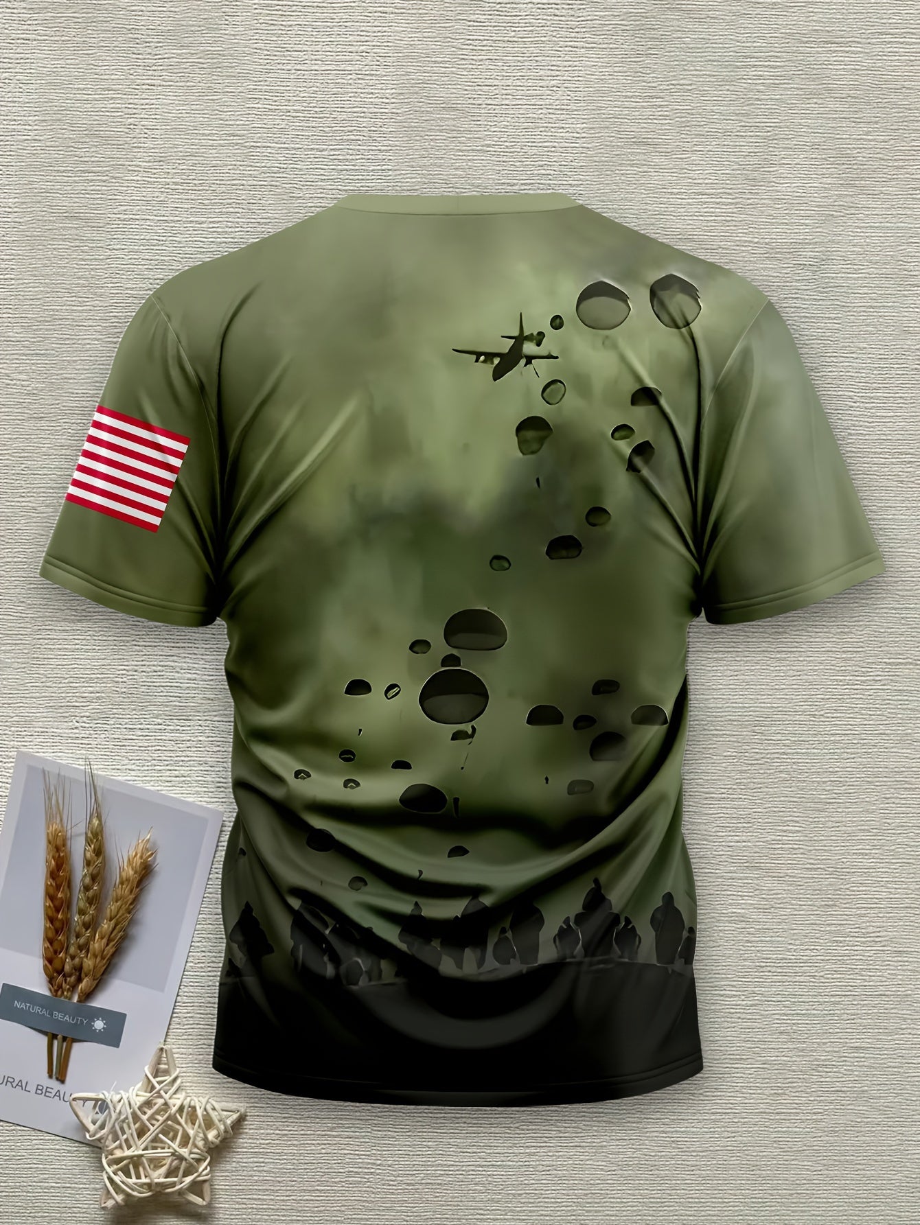 Polyester 3D Printed Men's Casual T-Shirt with American Flag Patch - U.S. Army Themed, Round Neck, Regular Fit WardBoyzPROShop