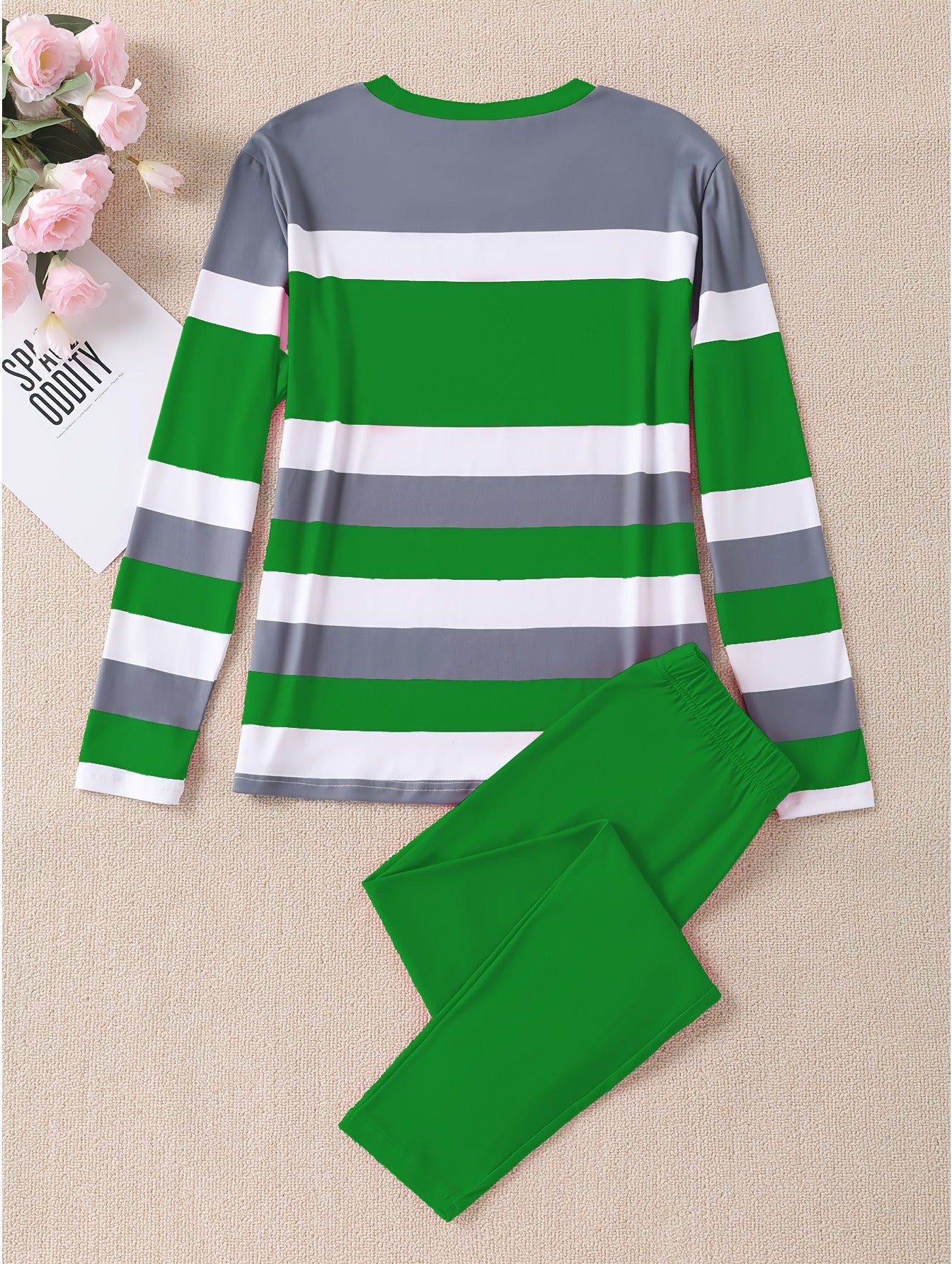 1 Set Elegant Striped Long Sleeve T-Shirt and Pants for Women - Polyester Blend, Round Neck, Color Block Design with Contrast Trim, Versatile All-Season Outfit