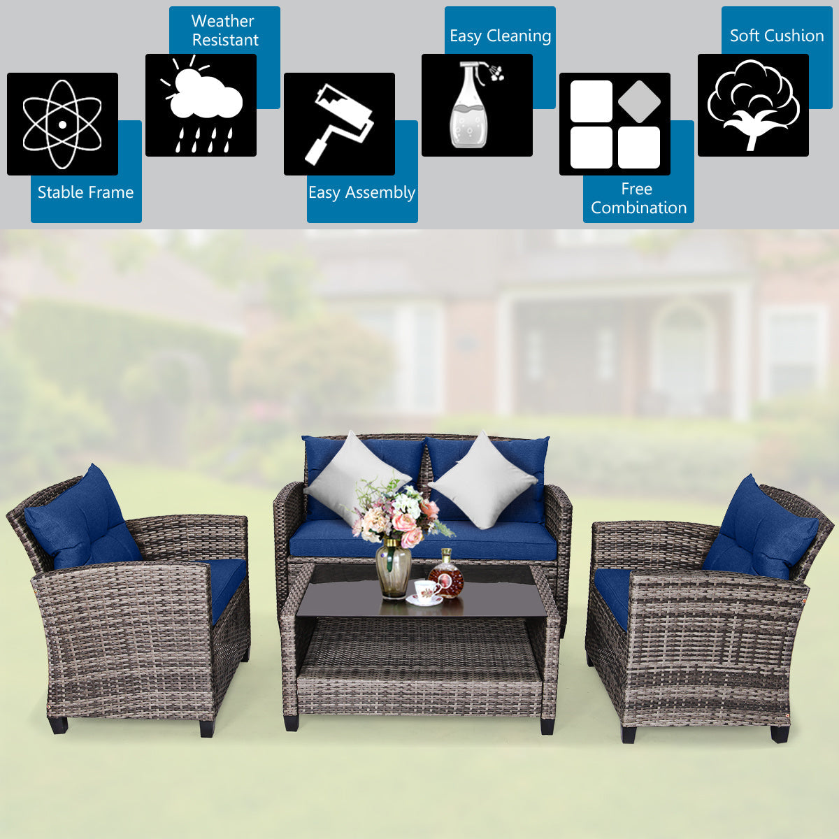 SAFSTAR 4 PCS Patio Rattan Furniture Set Coffee Table Cushioned Sofa Garden Lawn Navy WardBoyzPROShop