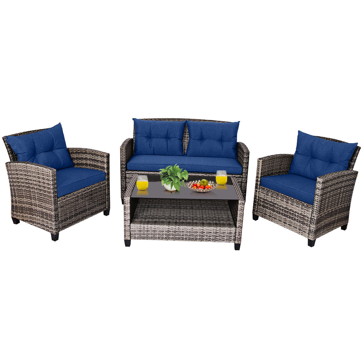 SAFSTAR 4 PCS Patio Rattan Furniture Set Coffee Table Cushioned Sofa Garden Lawn Navy WardBoyzPROShop