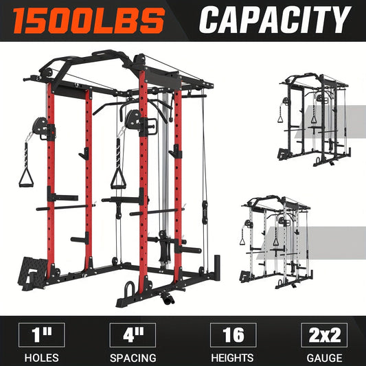 Ultimate Power Rack Cage - 8-in-1 Multi-Functional Squat Rack with 1500lb Capacity, Cable Crossover Machine, J-Hooks, Dip Bars, and Landmine - Comprehensive Plate-Loaded Home Gym Equipment for Full Body Workout (Red) WardBoyzPROShop
