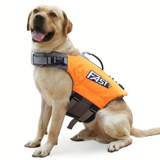 High-Visibility Orange Dog Life Jacket with Gray Accents - Durable Polyester, Adjustable Safety Swim Vest for All Dog Sizes with Easy-Wear Straps & Large "FAST" Print - Perfect for Summer Beach & Pool Activities, Beach Safety WardBoyzPROShop