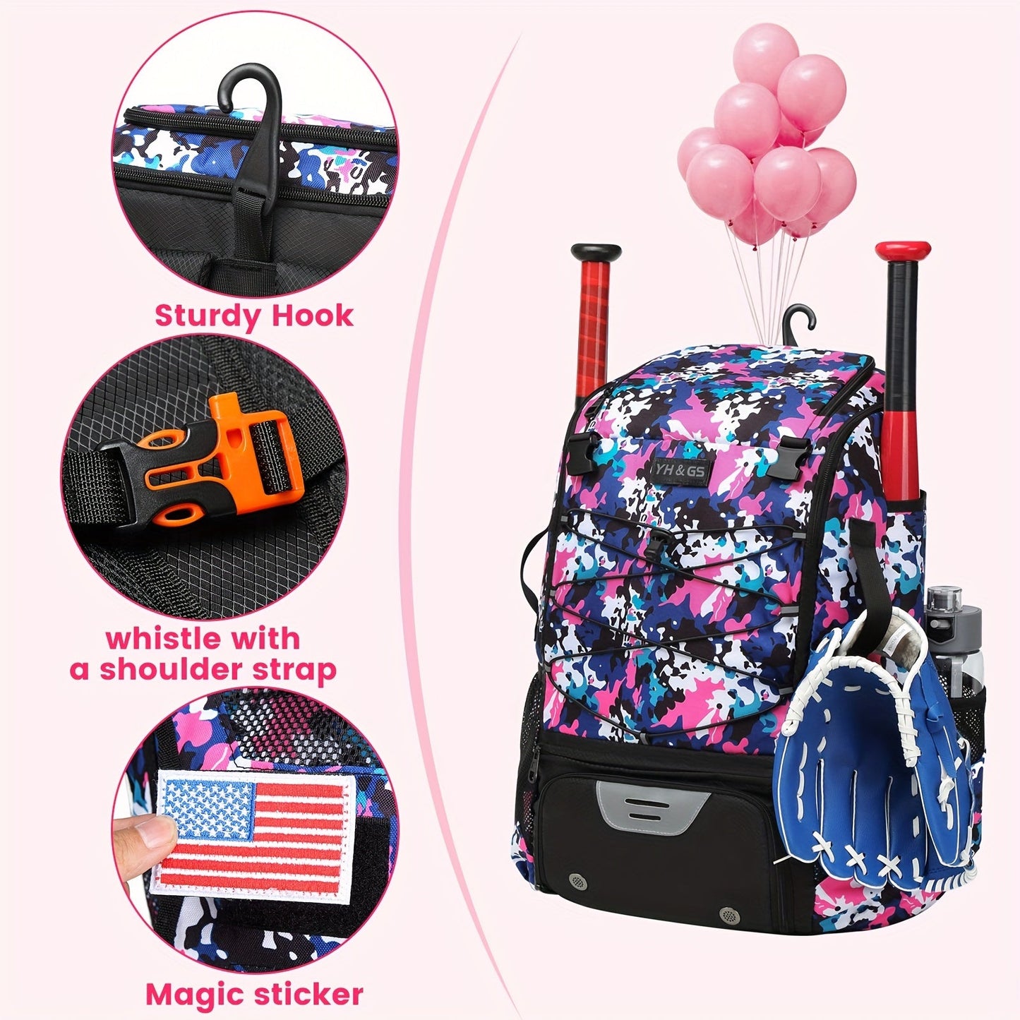 Large Capacity Baseball Backpack Softball Bag, External Helmet Holder And Fence Hook Baseball Backpack, With Shoes Compartment, - Holds Bats, Helmets, Gloves, Hats, Clothes, And Shoes For Baseball And Softball Players WardBoyzPROShop