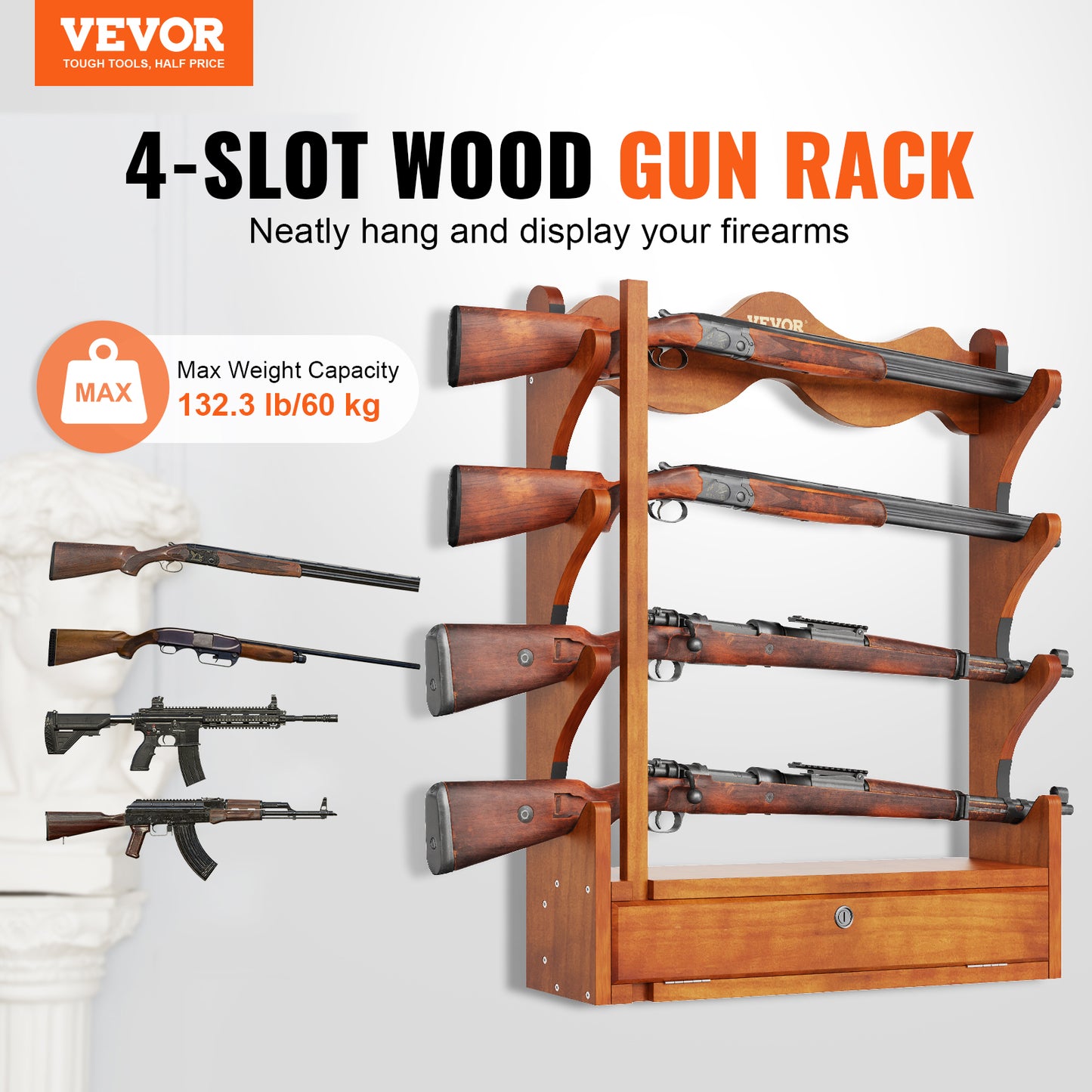 VEVOE Gun Rack, Wood Gun Rack Wall Mount, Gun Display Rack Holds 4 Rifles, Shotguns, 132 lb Heavy Duty Wall Storage Display Rifle Rack with Soft Padding - WardBoyzPROShop