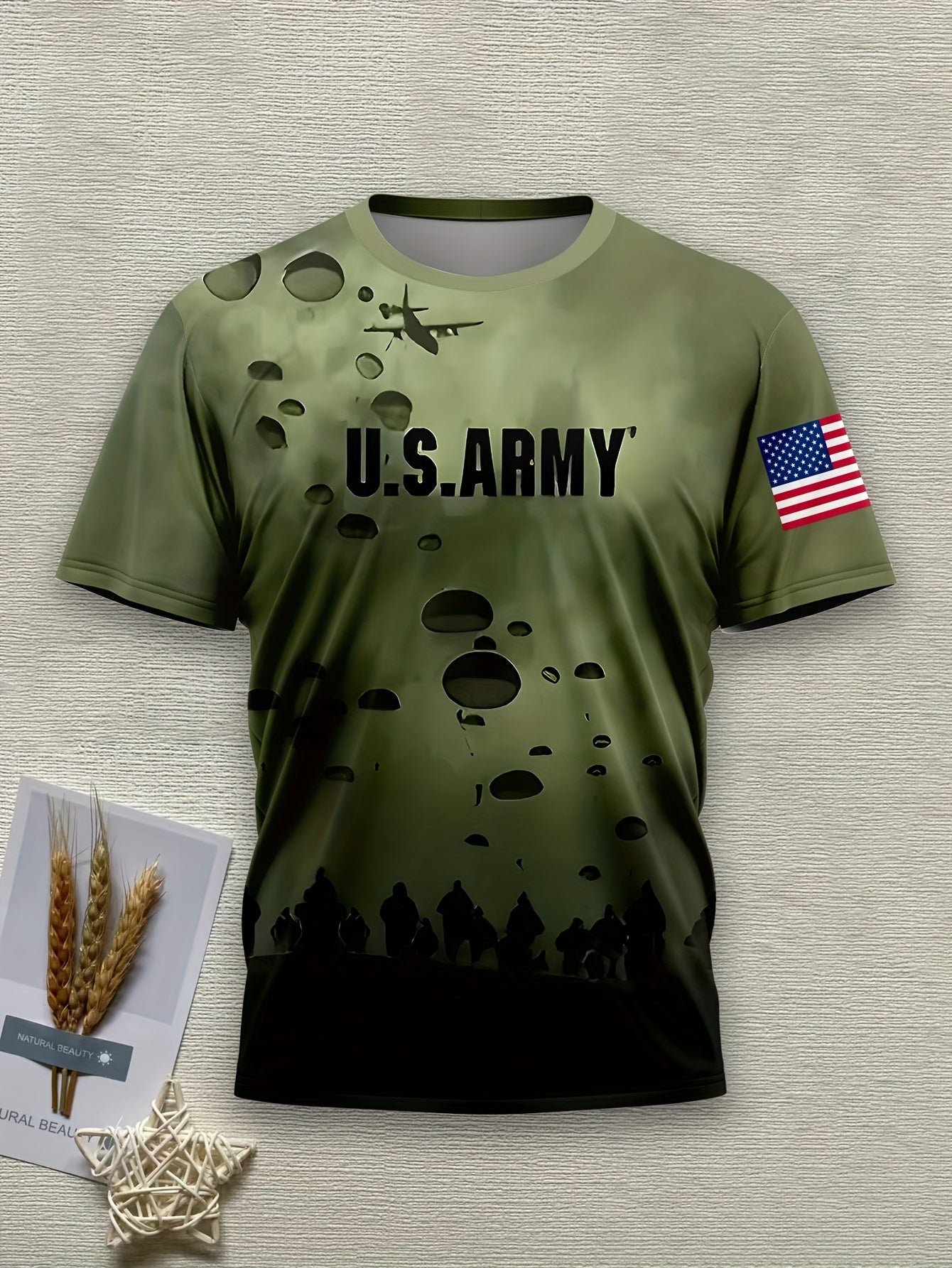 Polyester 3D Printed Men's Casual T-Shirt with American Flag Patch - U.S. Army Themed, Round Neck, Regular Fit WardBoyzPROShop