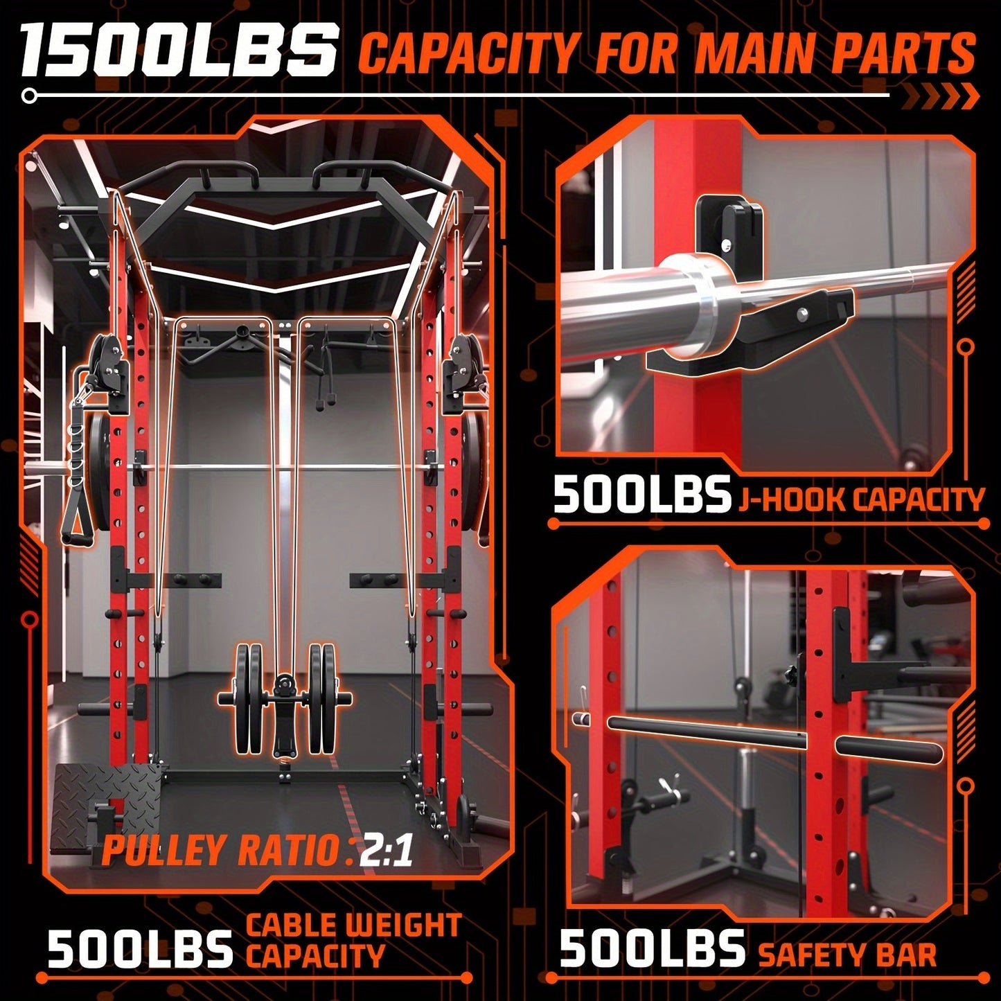 Ultimate Power Rack Cage - 8-in-1 Multi-Functional Squat Rack with 1500lb Capacity, Cable Crossover Machine, J-Hooks, Dip Bars, and Landmine - Comprehensive Plate-Loaded Home Gym Equipment for Full Body Workout (Red) WardBoyzPROShop