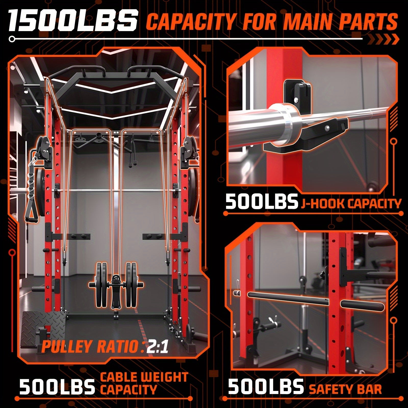 Ultimate Power Rack Cage - 8-in-1 Multi-Functional Squat Rack with 1500lb Capacity, Cable Crossover Machine, J-Hooks, Dip Bars, and Landmine - Comprehensive Plate-Loaded Home Gym Equipment for Full Body Workout (Red) WardBoyzPROShop