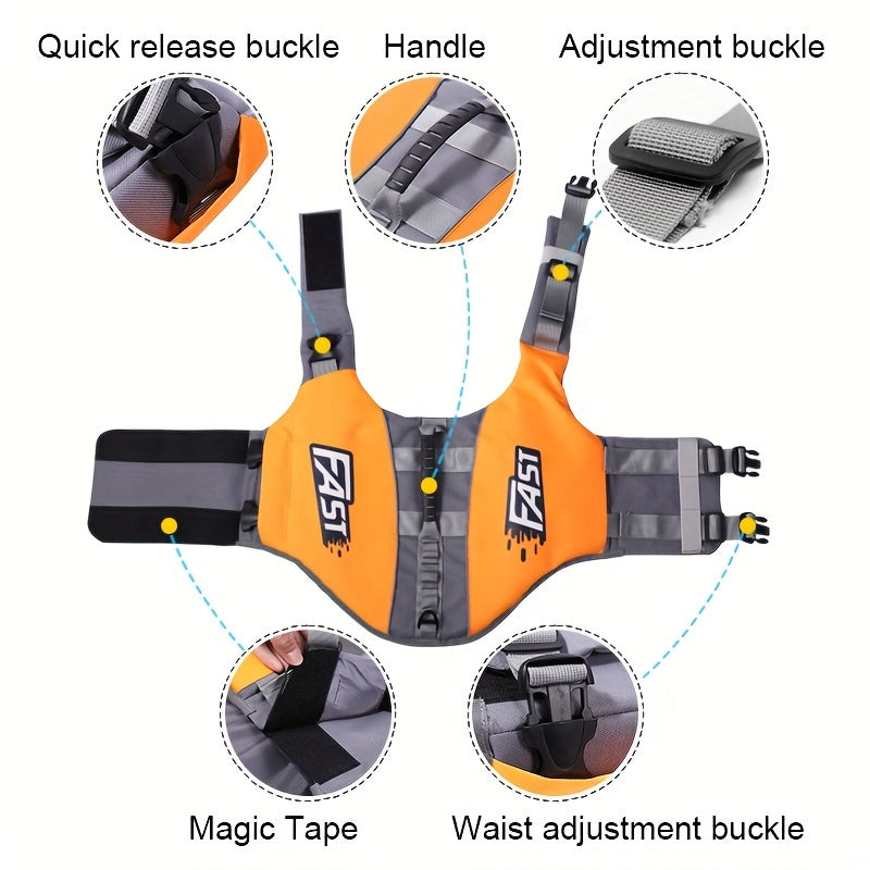 High-Visibility Orange Dog Life Jacket with Gray Accents - Durable Polyester, Adjustable Safety Swim Vest for All Dog Sizes with Easy-Wear Straps & Large "FAST" Print - Perfect for Summer Beach & Pool Activities, Beach Safety WardBoyzPROShop