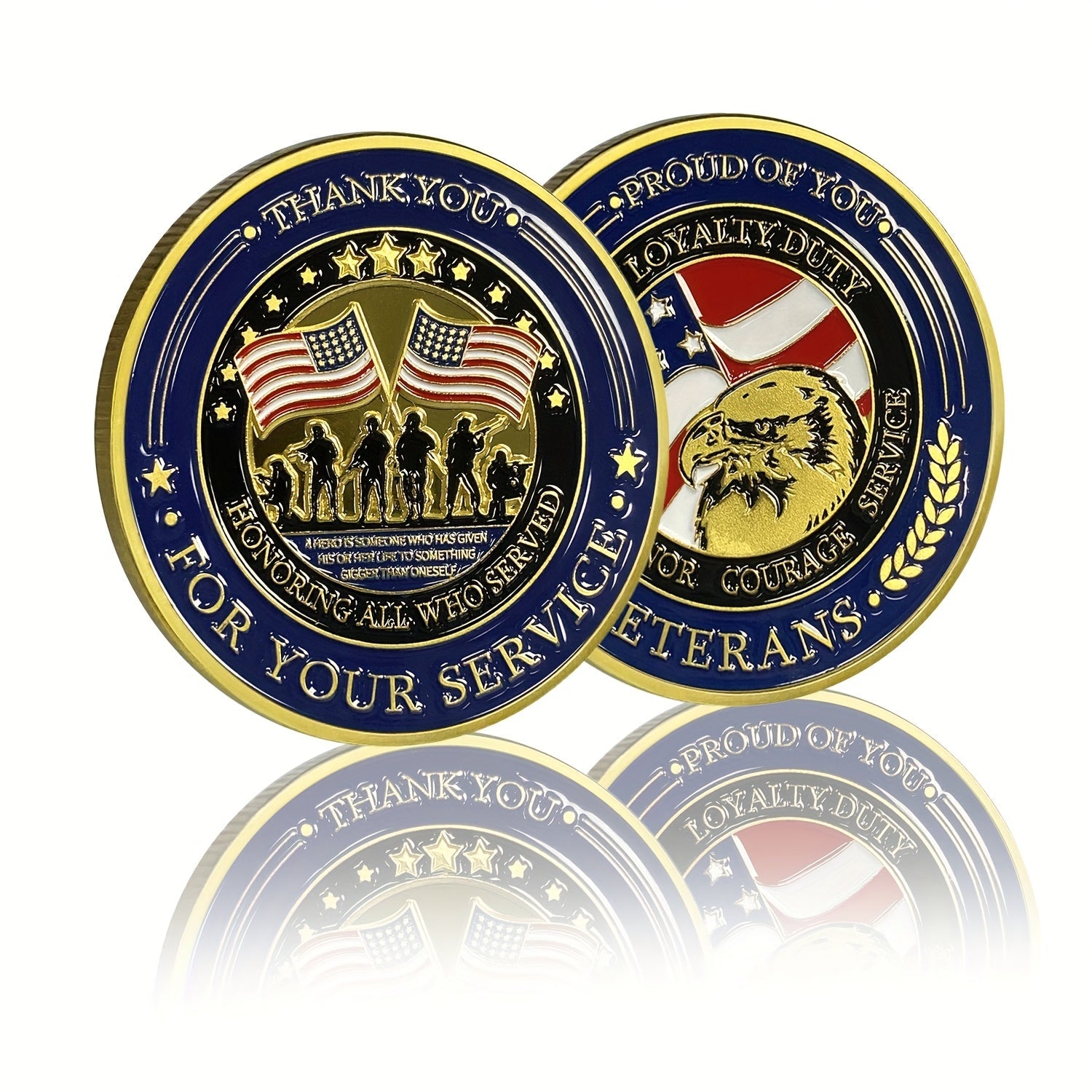 Bulk Patriotic Thank You for Your Service Challenge Coins - 1.57 Inch Golden Solid Metal Commemorative Coins with "Proud of You" & Military Service Design, Navy Blue & Golden Stars, Laurel Branches - Memorial Day, Independenc WardBoyzPROShop