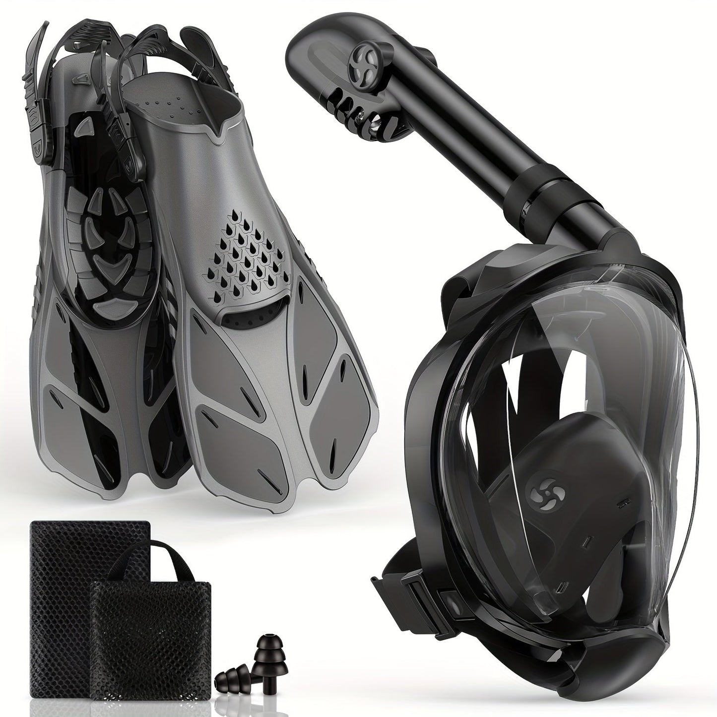 [Panoramic View Snorkel Mask Set] Full Face Snorkel Mask & Adjustable Swim Fins Snorkel Set - Panoramic View Dry Top System Anti-Fog Anti-Leak Mask Fins Snorkeling Gear for Adults WardBoyzPROShop