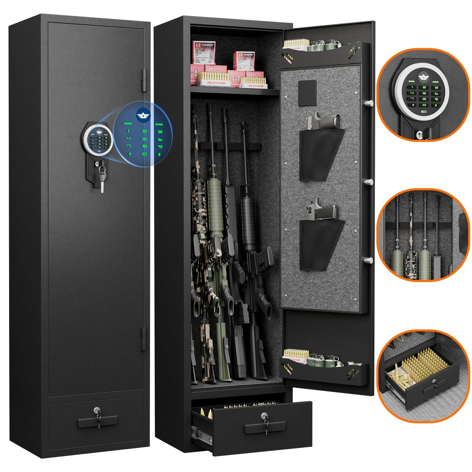 Kavey 4-5 Firearm Safe Cabinet, Security Safe for Rifles and Shotguns, with Combination Lock, LED Interior Lighting, Quick Access Drawer, and Removable Shelves, for Home - Non-Waterproof, Dry Battery Powered (Battery Not Incl WardBoyzPROShop