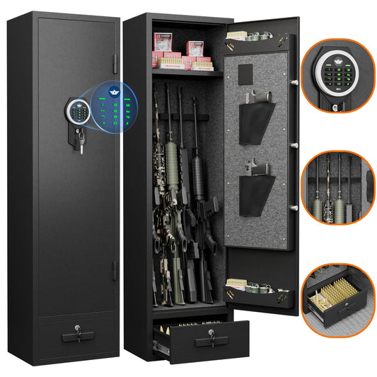 Kavey 4-5 Firearm Safe Cabinet, Security Safe for Rifles and Shotguns, with Combination Lock, LED Interior Lighting, Quick Access Drawer, and Removable Shelves, for Home - Non-Waterproof, Dry Battery Powered (Battery Not Incl WardBoyzPROShop