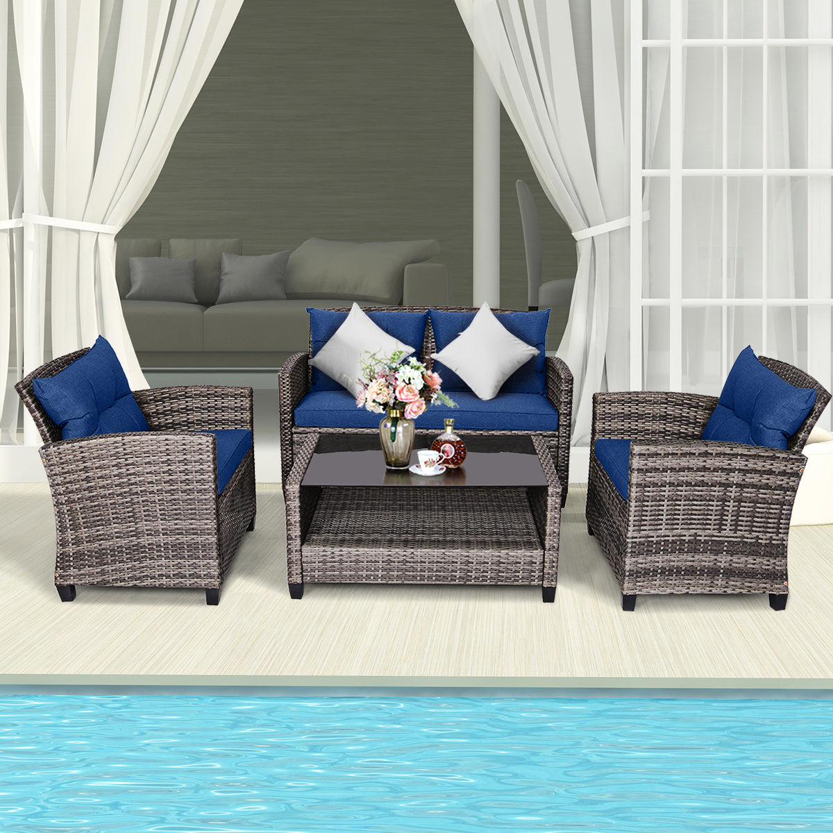 SAFSTAR 4 PCS Patio Rattan Furniture Set Coffee Table Cushioned Sofa Garden Lawn Navy WardBoyzPROShop